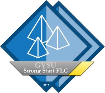 Blue and white Strong Start FLC square badge with pyramids as the design